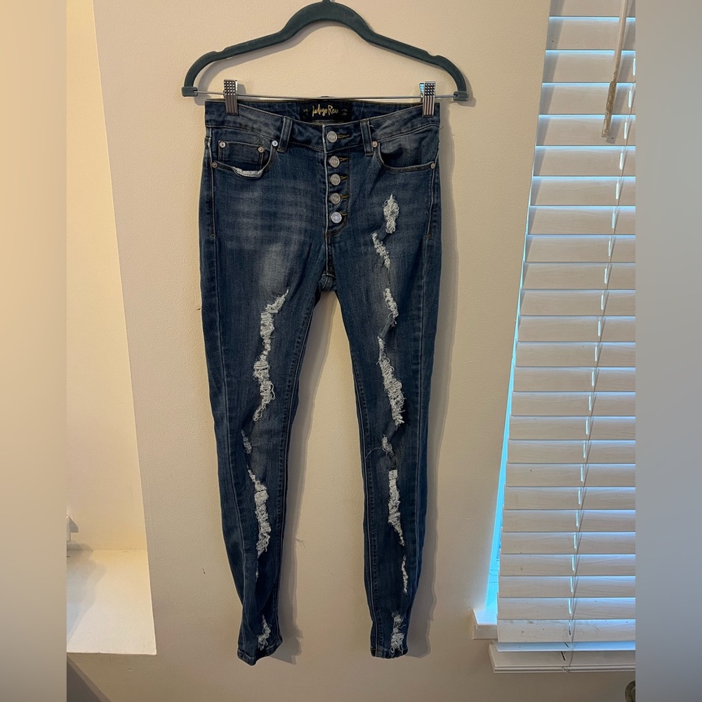 Indigo Rein High Rise Blue Jeans with Distressed Detailing